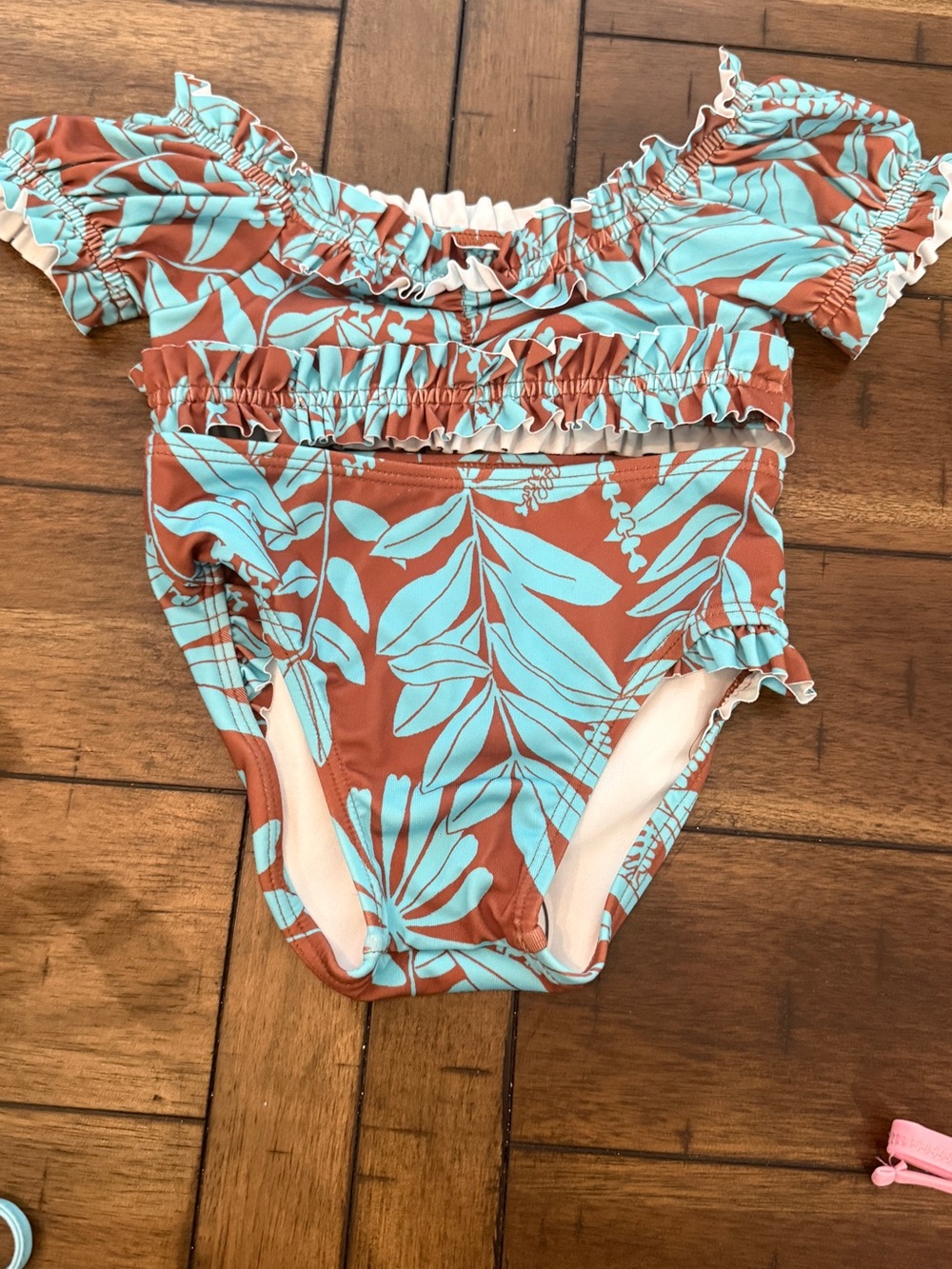 New Janie and Jack Rust and Aqua Leaf Ruffle Two-Piece Swim Set
